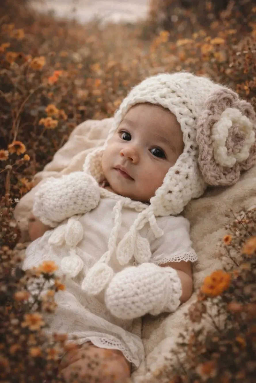 Handmade Crochet Chunky Knit Floral Hat & Mittens